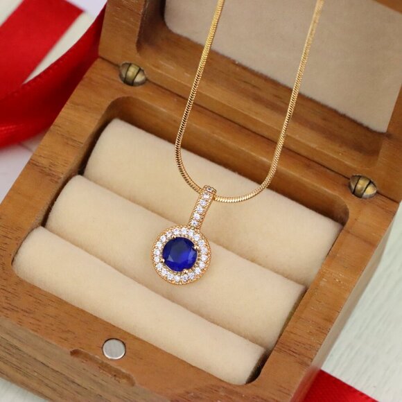 "Gold Plated Blue Round Pendant with Crystal Halo for Women, XPPT1739 - Picture 5 of 13